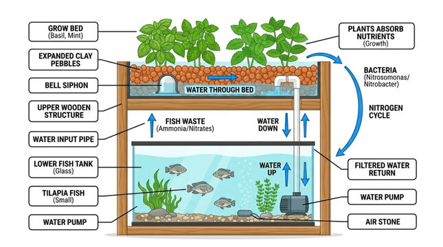 Home Aquaponics Fish and Plants Grow System Vector Diagram