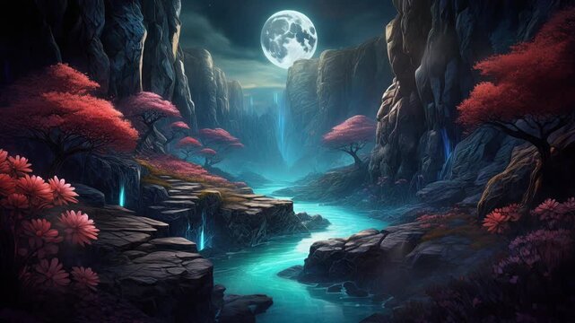Cinematic Night Canyon, Glowing Turquoise River Flowing Through Majestic Rocks and Vibrant Red Foliage Under a Bright Full Moon