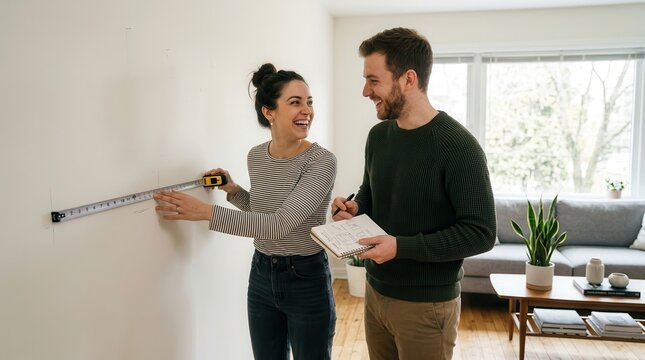 Happy couple measuring wall for home improvement project with tape measure and notebook in bright living room