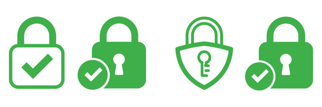 Security lock icon featuring circle and shield with lock and check mark symbols, protection concepts, data privacy defense, authentication safety elements
