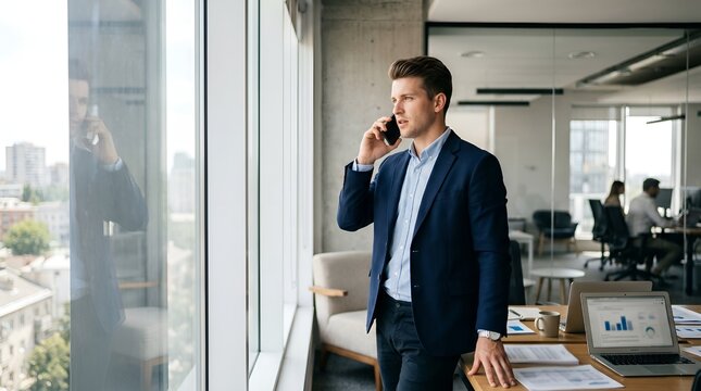 a male businessman is receiving a phone call
