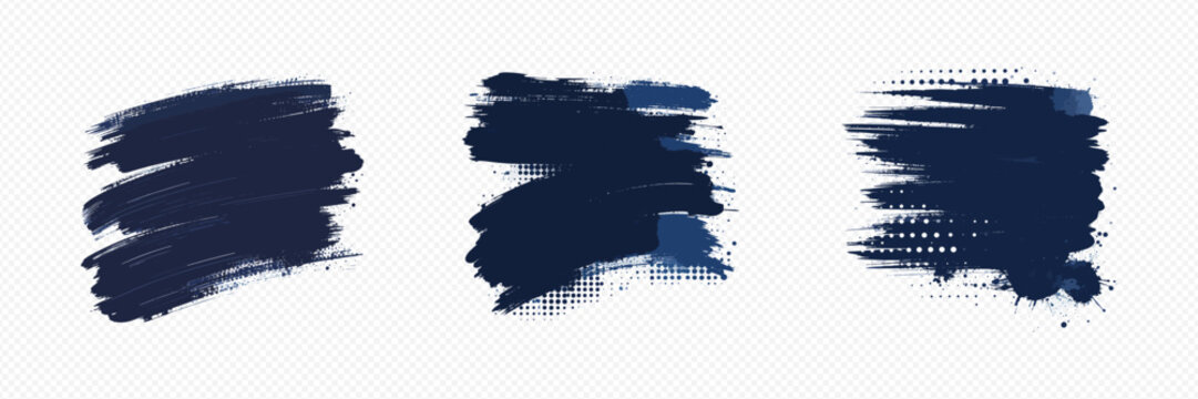 Dark blue brush strokes and paint splatters on transparent background for design