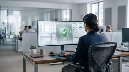 Fototapeta premium Business analyst monitoring cybersecurity shield protection.