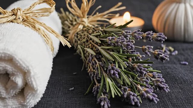 Close-up of a neatly rolled white cotton towel secured with a raffia bow next to a bunch of fresh lavender and rosemary sprigs with a lit candle on a dark textured surface.