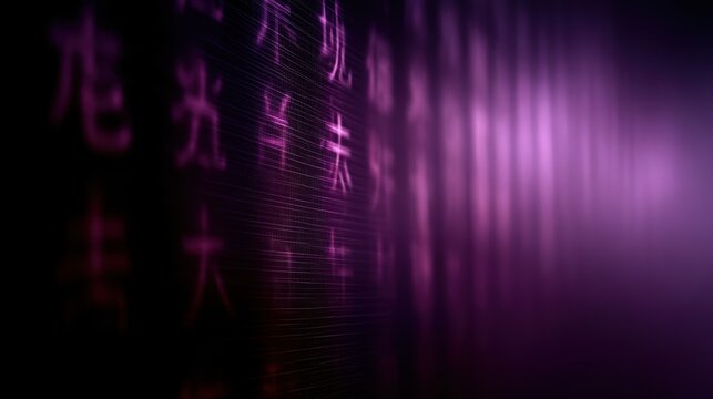 Abstract digital background with glowing purple chinese characters and depth of field effect