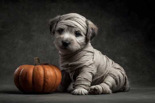 A mummy puppy with a pumpkin, Halloween.