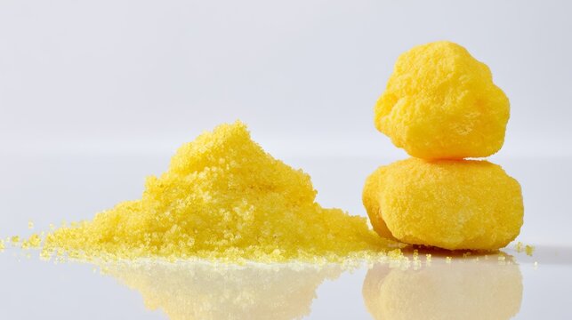 Sulfur mineral powder and raw sulfur rocks on reflective white background, bright yellow porous texture, industrial chemical material, geology resource, laboratory and mining concept