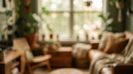 Obraz premium Cozy blurred living room interior with bohemian plants and warm sunlight through the window