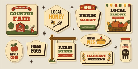 Retro farm market sticker set with country fair, farm stand, local produce, apple cider, fresh eggs, milk, pies and roadside signage in vintage mid century 50s Americana style. Vector illustration © Dukhanina Ekaterina