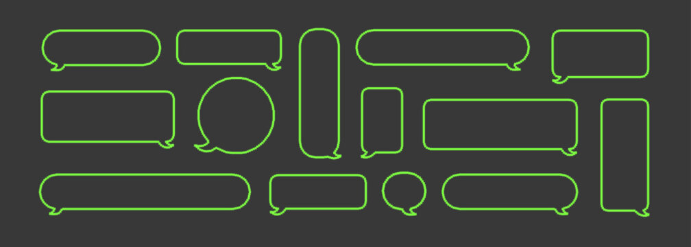 8 bit acid green different geometric chat balloons. Communication set for message or conversation box. Flat pixel art black background.