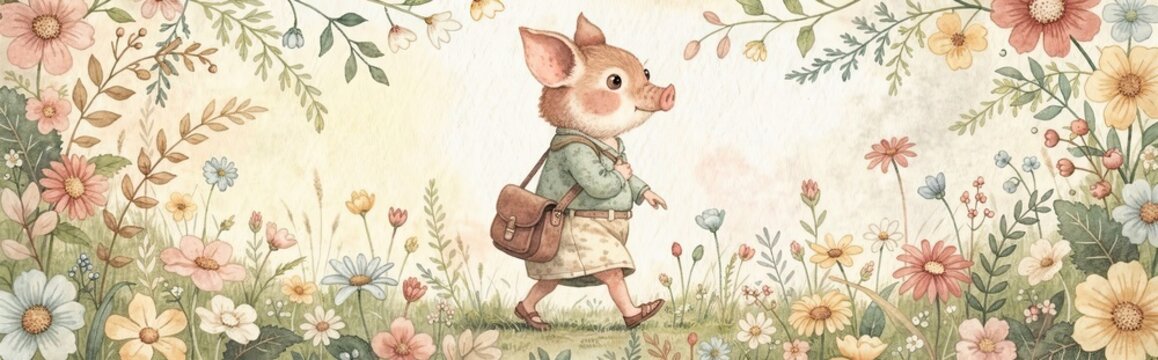 storybook pig in school clothes walking through a pastel floral meadow illustration