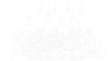 Obraz premium Whimsical Magical Feast, Wizards Gathering, Enchanted Table Setting, Fantasy Celebration, Candlelight Dinner