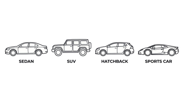Car Types Comparison: Sedan, SUV, Hatchback, Sports Car Line Drawings