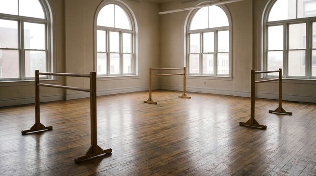 A bright empty dance studio with wooden floor and ballet barres stands against large windows.