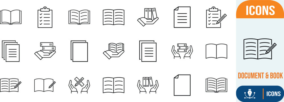 Books documents learning outline vector icons. book icon set, document icon set, clipboard icon set