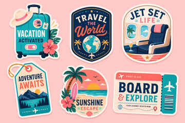 Obraz premium A collection of six colorful vintage-style travel stickers and badges featuring vacation themes like suitcases, globes, airplanes, beaches, mountains, and boarding passes.