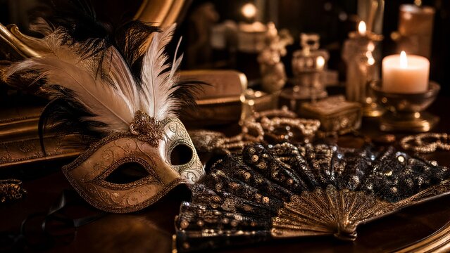 finery. Feathered mask and sequined fan on vanity table, soft candlelight. event programs, museum guides, designed for cultural heritage projects and event programs, elevates cultural identity.