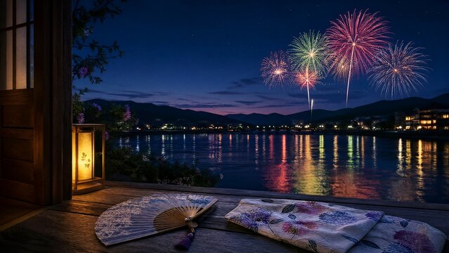 yukata. Folded fan and yukata sleeve on doorstep with fireworks over Sumida River, Tokyo summer celebration. event programs, museum guides, designed for cultural heritage projects and event programs.