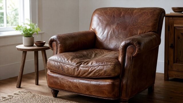 indented. Aged brown leather armchair with a deep seat indentation, soft window light. lifestyle magazines, social media lookbooks, designed for influencer and brand collaborations.