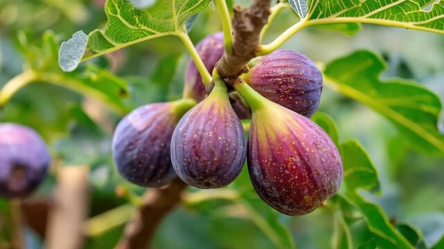 Ripe purple ficus carica figs hanging on a branch with green leaves
