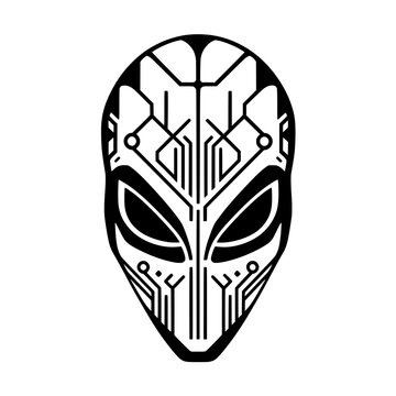 Cybernetic alien face vector illustration with technology circuit pattern in minimalist flat design symmetric style.