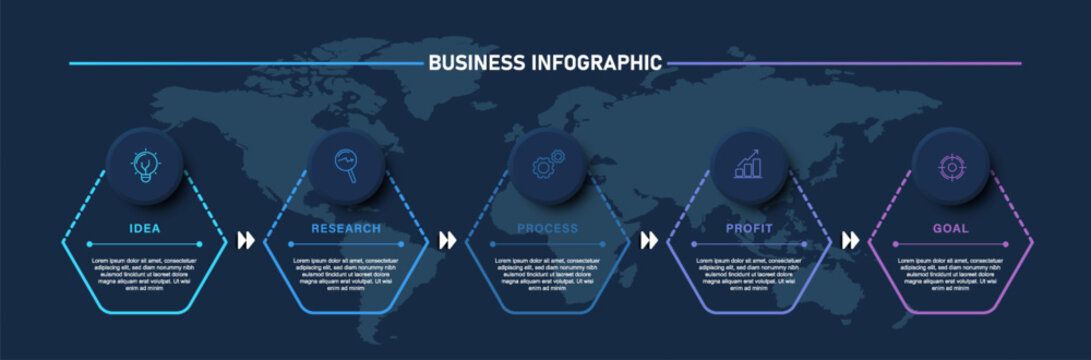 Modern business infographic template featuring five connected hexagon process elements over a world map background