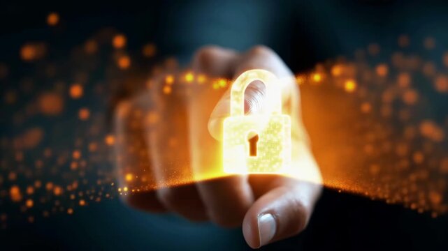 Hand interacting with glowing digital padlock symbol, representing data security and privacy