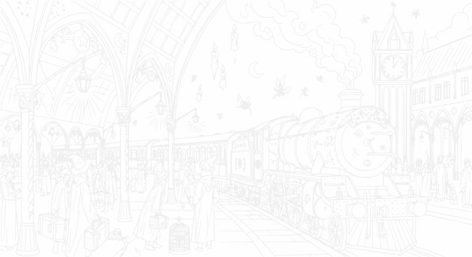Vintage Train Station Scene Outline - Steam Engine, Platform, Passengers, Architecture