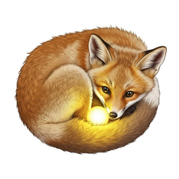 A cute fox curled up holding a glowing orb