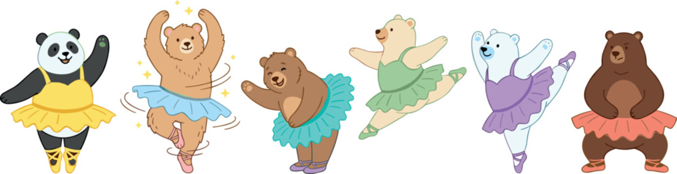 Cute Ballet Bear Vector Illustration Set with Dancing Panda Polar and Grizzly Bears Wearing Colorful Tutu Skirts and Pointe Shoes