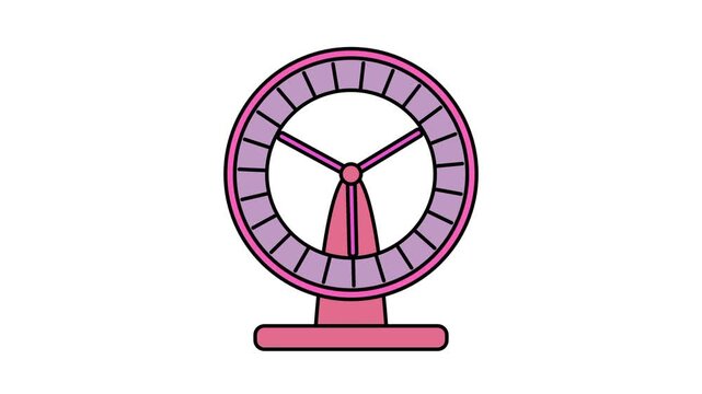 A colorful pink and purple hamster exercise wheel illustration with a flat design style featuring a round spinning wheel on a pink base stand