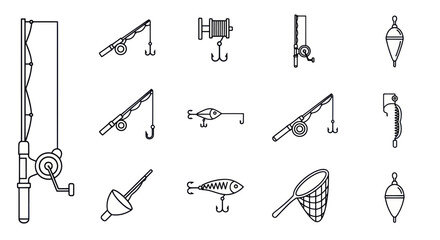 Fishing Gear Icons Set: Rods, Reels, Lures, Floats, Net, Hook © hidayati