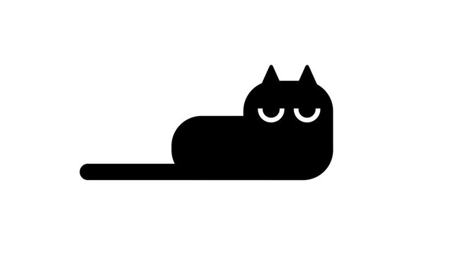 A sleek solid black silhouette of a cat lying down with closed eyes illustration in a minimalist flat style with a simple rounded body shape