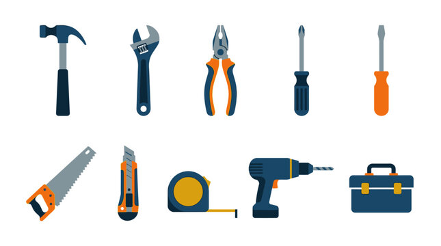 Flat vector icons for construction and repair tools including a claw hammer, adjustable wrench, pliers, screwdrivers, hand saw, utility knife, tape measure, drill, and tool box.