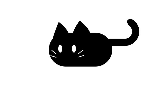 A bold black cartoon cat with a round chubby body and curly tail illustration in a flat graphic style with thick outlines and a playful expression