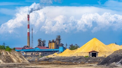 Obraz premium Sulfur stockpile industrial plant with smokestack, mining, chemical processing, conveyor infrastructure and raw material storage under blue sky in active production facility