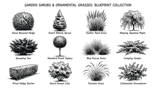 Collection of garden shrubs and ornamental grasses in blueprint style, vector illustrations for landscape design, transparent background.