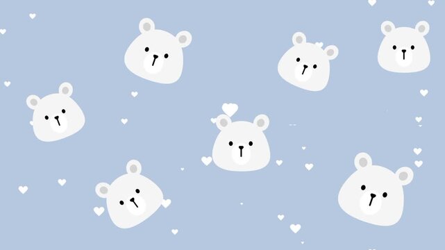 Many small white polar bear characters scattered across a soft blue snowy background in a repeating cute pattern illustration with a wintry festive theme