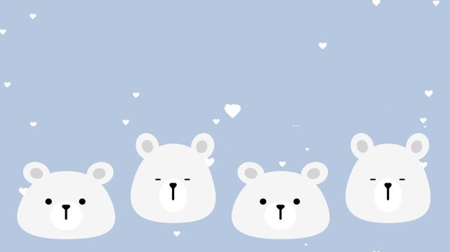 A group of adorable white polar bears on a soft blue wintry background illustration featuring multiple cute cartoon bears with a festive snowy feel