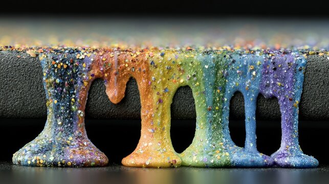 Vibrant rainbow slime drip abstract texture background on dark surface