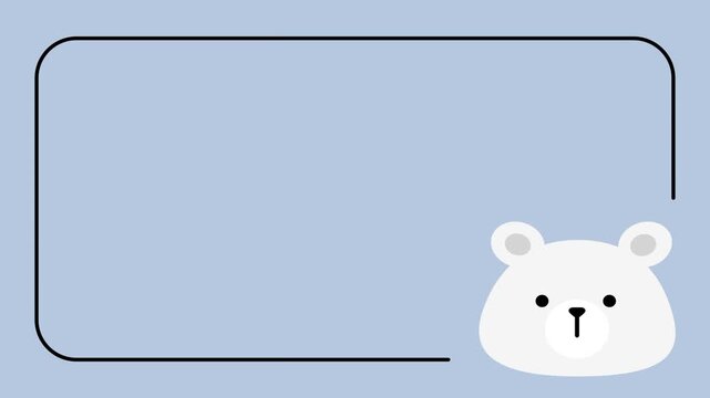 A single cute polar bear face centered inside a rounded rectangle frame on a soft blue background illustration in a minimal flat cartoon sticker style