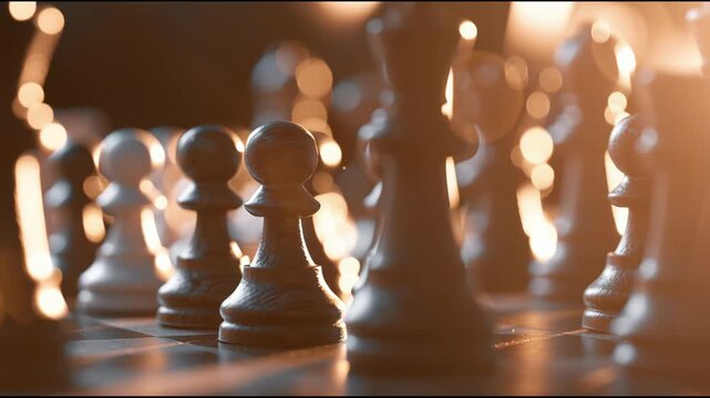 Chess pieces are arranged on a board, focusing on their details as light changes. The match progresses slowly in a quiet space.