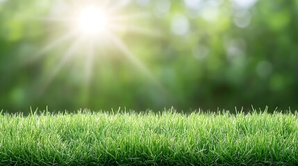 Fototapeta premium Fresh dewy grass field under bright sun with lush green foliage and natural sunlight in a vibrant outdoor scene