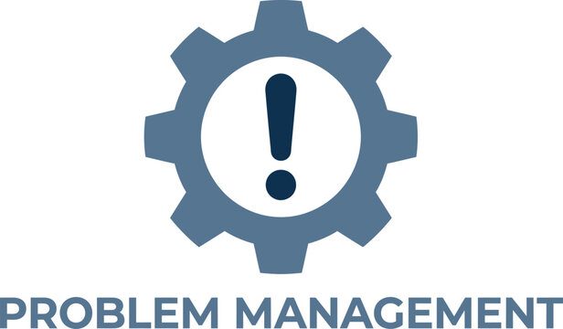 Blue mechanical gear icon featuring an exclamation point symbol representing industrial problem management and technical solutions