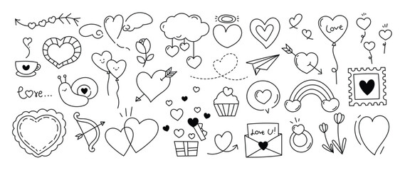 Obraz premium Valentine doodle vector set. Hand drawn black and white love hearts, arrows, flowers, envelope, speech bubble and romantic line art elements.