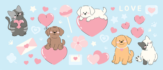 Obraz na płótnie Canvas Cute dog and cat love vector set. Adorable cartoon pets with hearts, envelope, paper plane, bone, yarn ball and sweet Valentine sticker elements.