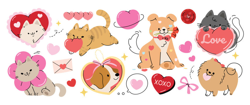Cute dog and cat love vector set. Adorable cartoon pets with hearts, envelope, paper plane, bone, yarn ball and sweet Valentine sticker elements.