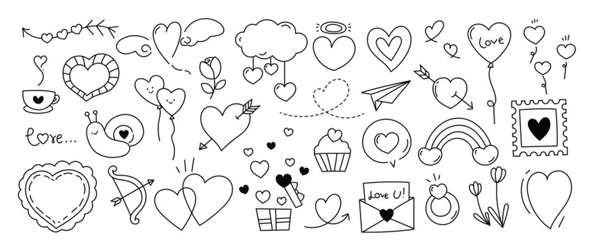 Valentine doodle vector set. Hand drawn black and white love hearts, arrows, flowers, envelope, speech bubble and romantic line art elements.