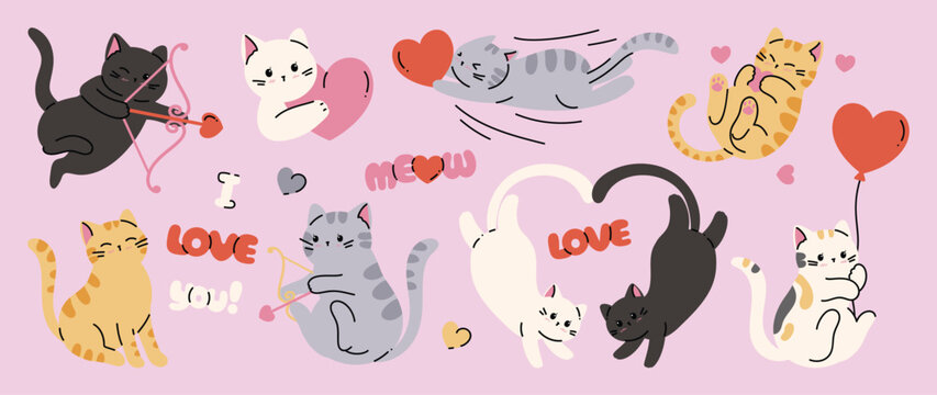 Cute cat love vector set. Adorable cartoon kittens with hearts, bows, rainbow, rose, fish and paw prints for Valentine stickers and greeting cards.