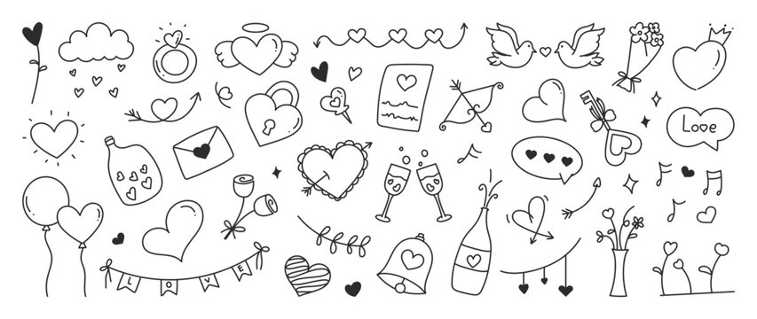Valentine doodle vector set. Hand drawn black and white love hearts, arrows, flowers, envelope, speech bubble and romantic line art elements.
